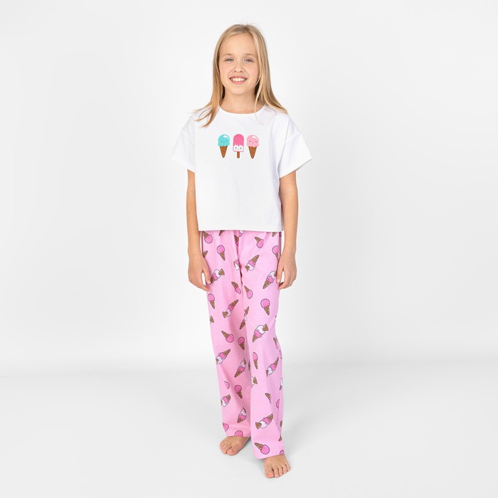 Пижама для девочки: футболка и брюки «Симпл-димпл», рост 134 см, цвет белый, розовый