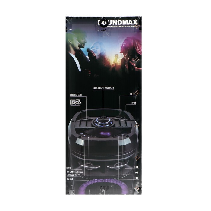 Портативная колонка Soundmax SM-MS4207, 80Вт, 3600мАч, FM, BT, USB, TWS, подсветка, черная - фото 51327029