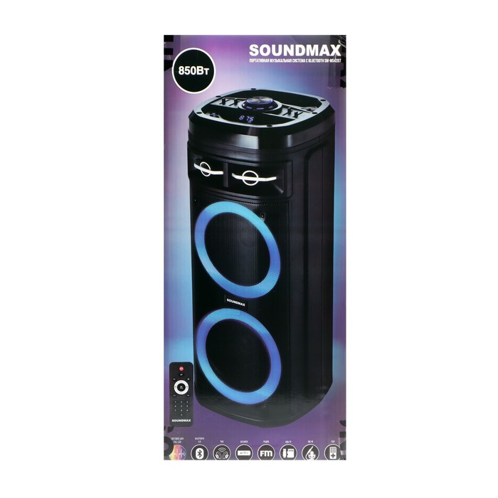 Портативная колонка Soundmax SM-MS4207, 80Вт, 3600мАч, FM, BT, USB, TWS, подсветка, черная - фото 51327030