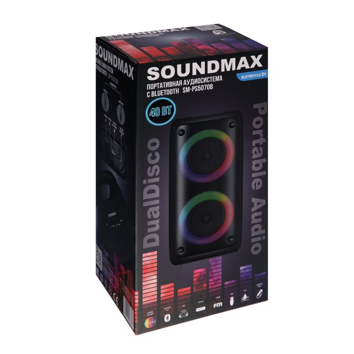 Портативная колонка Soundmax SM-PS5070B, 40Вт, 2400мАч, FM, BT, USB, TWS, подсветка, черная - фото 51327038