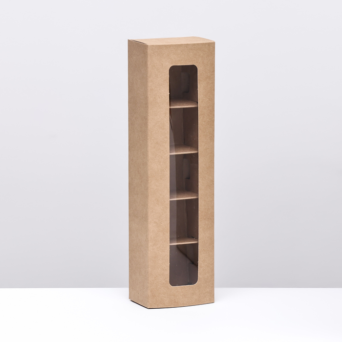 Коробка под 5 конфет с обечайкой, с окном, с тонкими разделителями, КРАФТ 21×5×3.3 см - Фото 1