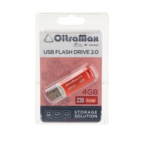 Флешка OltraMax 230, 4 Гб, USB2.0, чт до 15 Мб/с, зап до 8 Мб/с, оранжевая