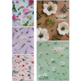 Тетрадь 48 листов в клетку "Разнообразие цветов", обложка мелованный картон, лён, МИКС
