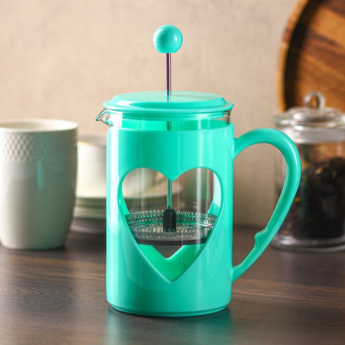 Чайник заварочный френч - пресс Доляна «Комплимент», 800 мл, стекло, цвет бирюзовый - Фото 1