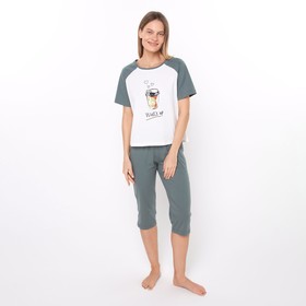Комплект женский «Wake up» (футболка/бриджи), цвет серо-зелёный, размер 48