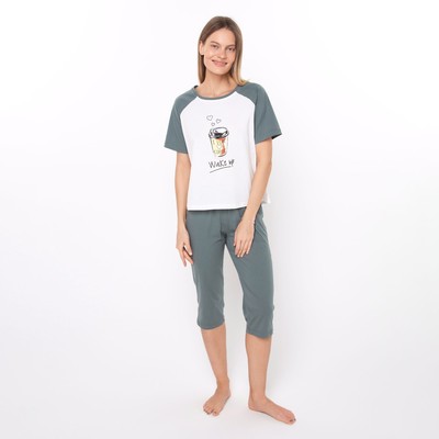 Комплект женский «Wake up» (футболка/бриджи), цвет серо-зелёный, размер 50