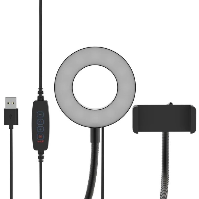 Кольцевая лампа Ritmix RRL-091, 9см, USB, 3 цвета, 24 светодиода, прищепка, пульт, держатель - фото 1907684396