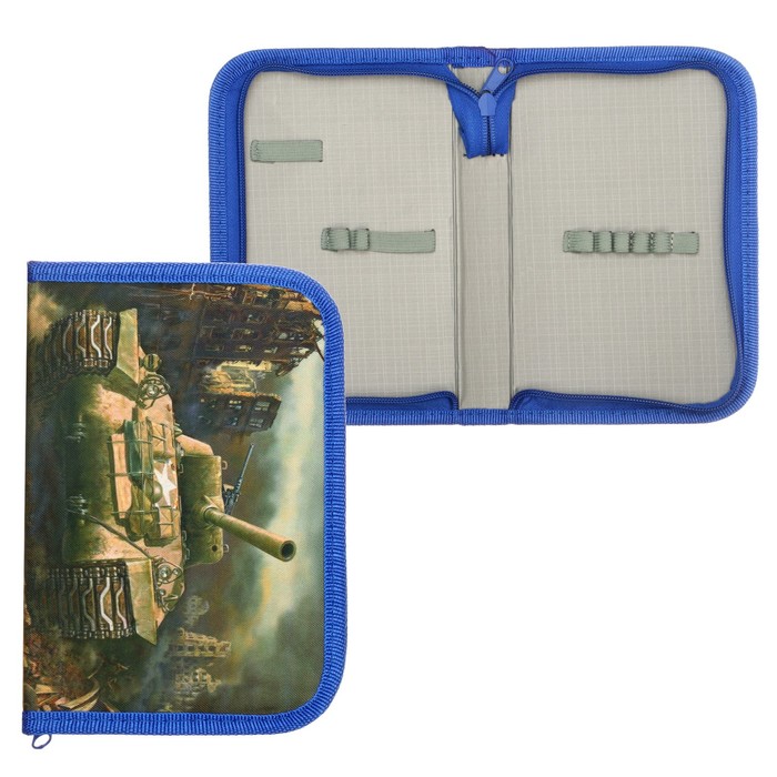 Пенал школьный Calligrata «Танк», 13×19.5 см, 1 секция, на молнии, ткань, зелёный с синей отделкой - Фото 1