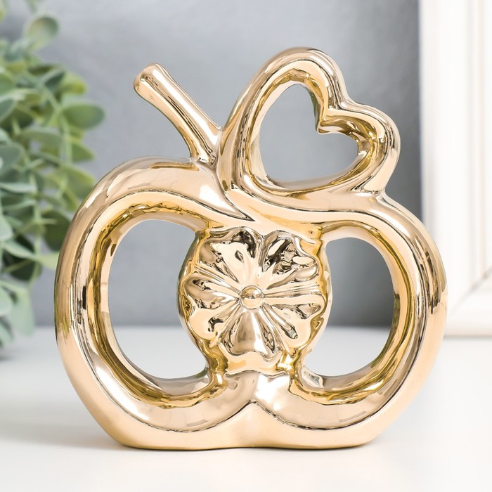 Сувенир керамика "Яблоко с цветком и сердцем" золото 13х6х15 см - Фото 1