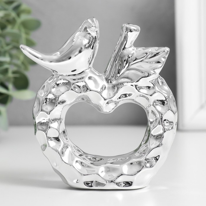 Сувенир керамика "Птица на яблоке" серебро 10,3х3,3х10,3 см - Фото 1