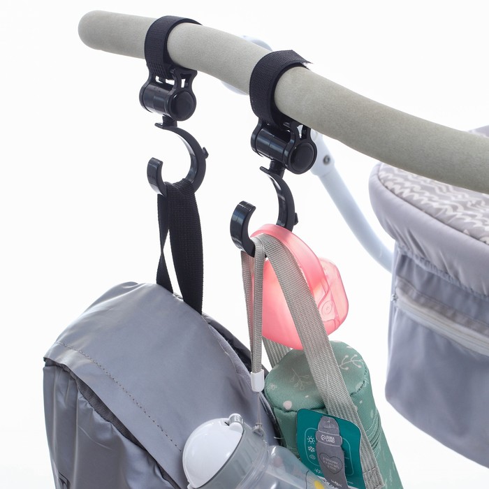 Крючок для сумок на коляску, пластиковый, вращается на 360°, на липучке, цвет черный - Фото 1