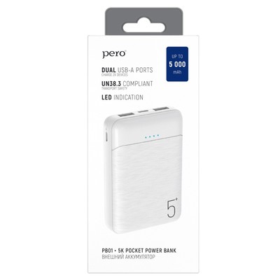 Внешний аккумулятор PERO PB01, 5000 мАч, 2 USB, 2.1 А, индикатор, белый