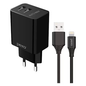 Сетевое зарядное устройство PERO TC02, 2 USB, 2.1 А, кабель Lightning, черное