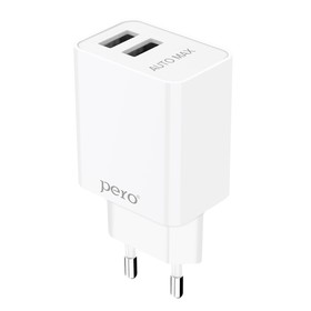 Сетевое зарядное устройство PERO TC02 AUTO MAX, 2 USB, 2.1 A, регуляция тока, белое