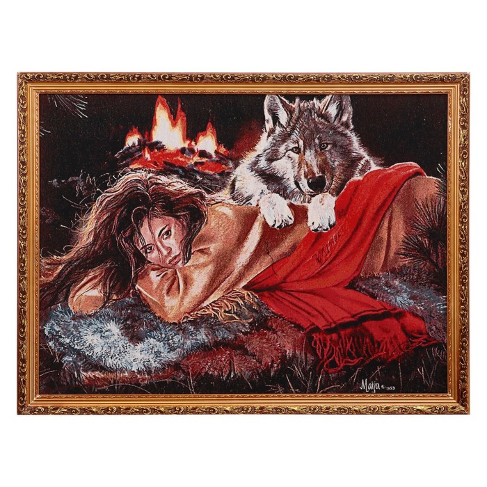 Гобеленовая картина "Девушка и волк у костра" 64х84 см