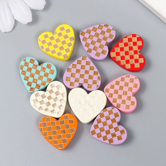 Набор бусин для творчества «Арт Узор. Сердце в клеточку», 10 шт., дерево, 2×2×0.5 см - Фото 1