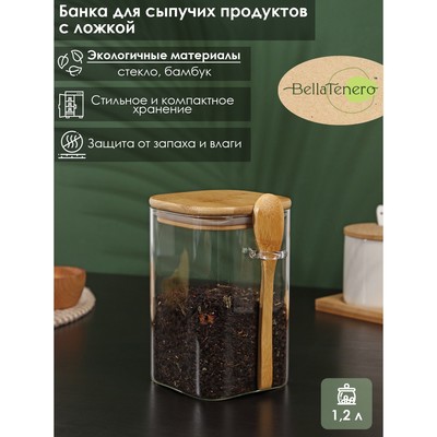 Банка стеклянная для сыпучих продуктов с бамбуковой крышкой и ложкой BellaTenero «Эко», 1,2 л, 12×10×16 см