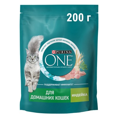 Сухой корм ONE для домашних кошек, индейка с цельными злаками 200 г
