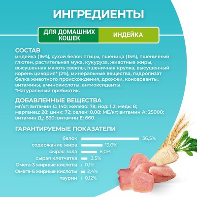 Сухой корм ONE для домашних кошек, индейка с цельными злаками 200 г