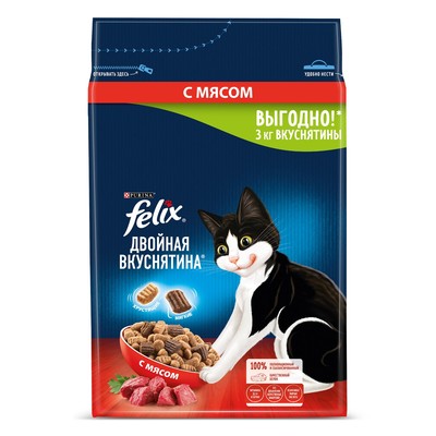 Сухой корм Felix «Двойная вкуснятина» для кошек, мясо, 3 кг