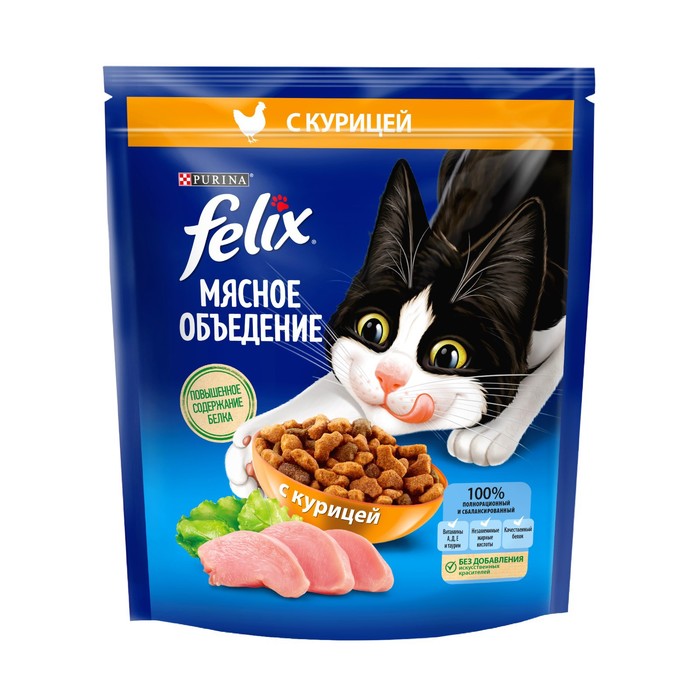Сухой корм FELIX "Мясное объедение" для кошек, курица, 600 г - Фото 1
