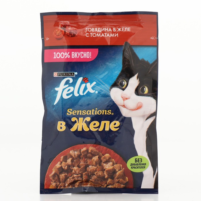 Влажный корм Felix Sensations для кошек, говядина/томат в желе, 75 г - Фото 1