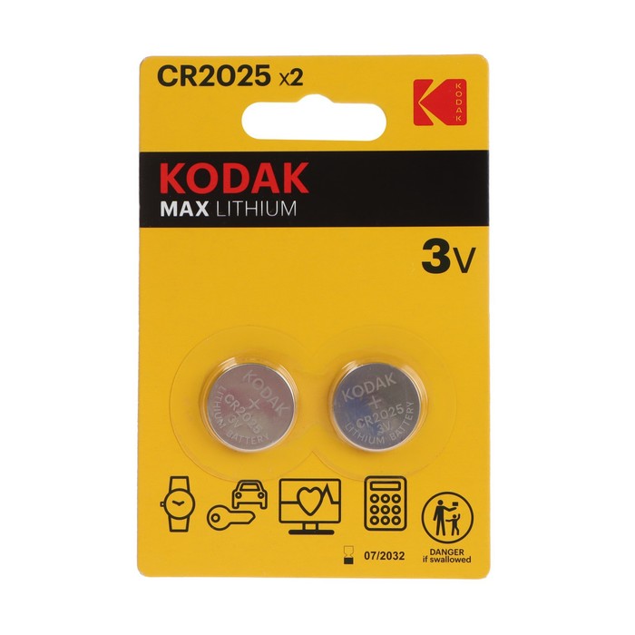 Батарейка литиевая Kodak, CR2025-2BL, 3В, блистер, 2 шт. - Фото 1