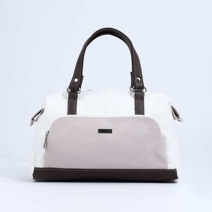 Сумка-саквояж "Саломея" на молнии, наружный карман, длинный ремень, цвет бежевый/белый - Фото 1