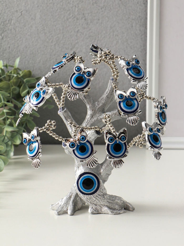 Денежное дерево декоративное «Бонсай от сглаза. Дерево с филинами», под серебро, 17.5×6.5×23 см - Фото 1