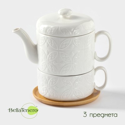 Набор чайный BellaTenero «Орнамент», 3 предмета: чайник 400 мл, кружка 280 мл, фарфор, бамбуковая подставка, белый