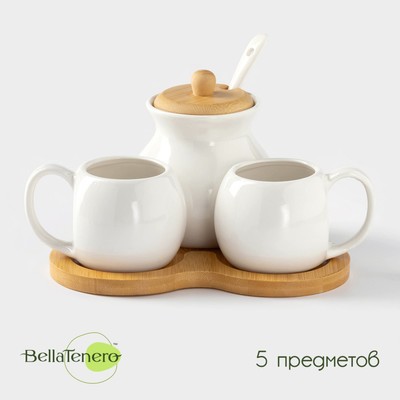 Набор чайный BellaTenero, 5 предмета: 2 чашки 100 мл, сахарница с крышкой 240 мл, ложка, фарфор, бамбуковая подставка, белый