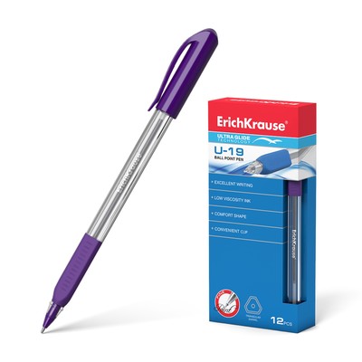 Ручка шариковая Erich Krause U-19, узел 0.6 мм, чернила фиолетовые, резиновый упор, трёхгранная, одноразовая, длина линии письма 1000 метров