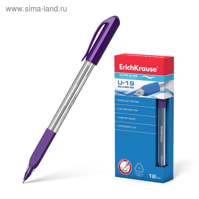 Ручка шариковая Erich Krause U-19, узел 0.6 мм, чернила фиолетовые, резиновый упор, трёхгранная, одноразовая, длина линии письма 1000 метров - Фото 1
