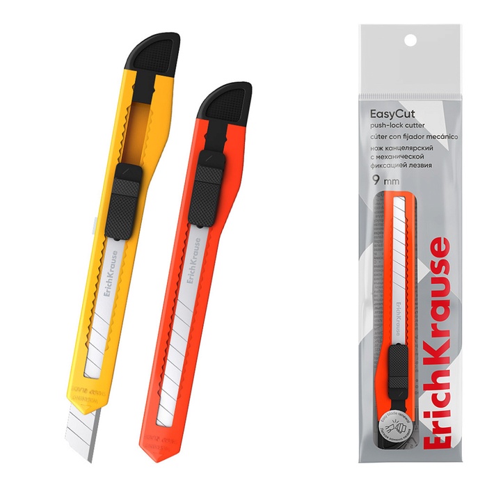 Нож канцелярский 9 мм, Erich Krause STANDARD, с системой фиксации лезвия push-lock и насадкой для безопасного отделения сегмента лезвия, МИКС - Фото 1