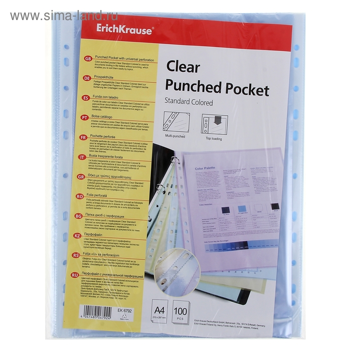 Файл-вкладыш А4 30мкм Clear Standard цветной, упаковка 100 штук EK 6792 - Фото 1
