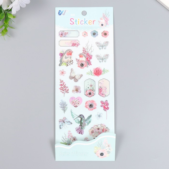 Наклейка пластик "Птицы и цветы" с серебристой обводкой 10х27 см - Фото 1