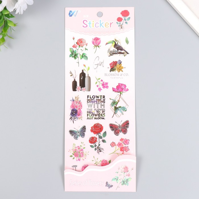 Наклейка пластик "Цветы и насекомые" с серебристой обводкой 10х27 см - Фото 1