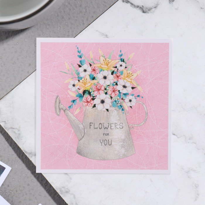 Мини-открытка "Flowers for you!" лейка, цветы, 7,5 х 7,5 см - Фото 1