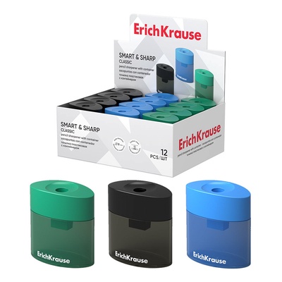 Точилка Erich Krause SMART & SHARP, 1 отверстие, с контейнером, отверстие диаметром 8 мм, МИКС