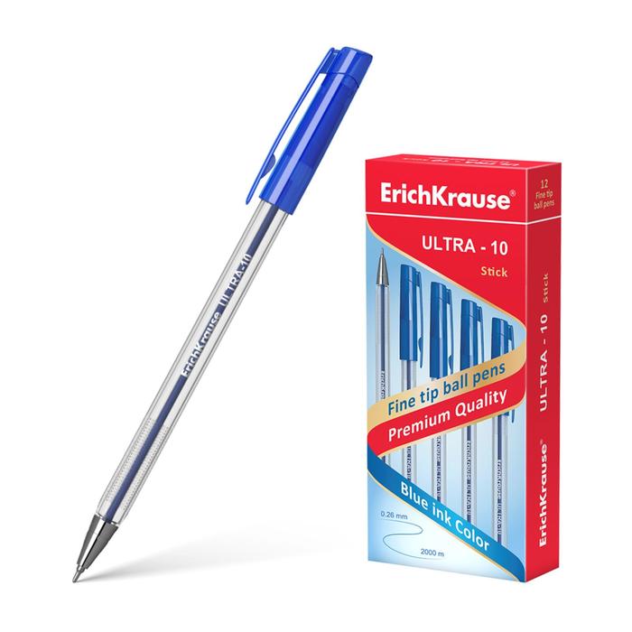 Ручка шариковая Erich Krause ULTRA-10, узел-игла 0.7 мм, толщина линии 0,26 мм, чернила синие, длина линии письма 2000 метров