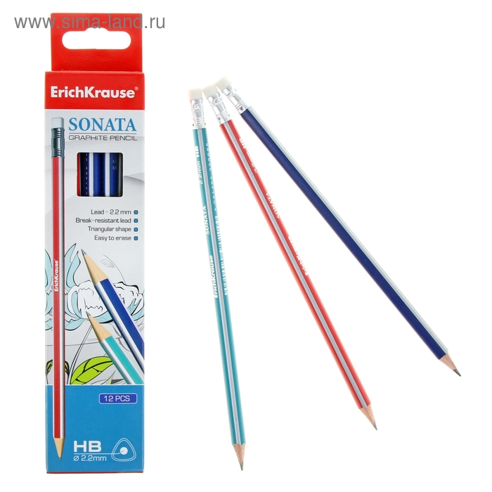 Набор карандашей чернографитных с ластиком 12 штук Erich Krause SONATA HB, сплошная проклейка грифеля, грифель диаметром 2.2 мм, микс - Фото 1
