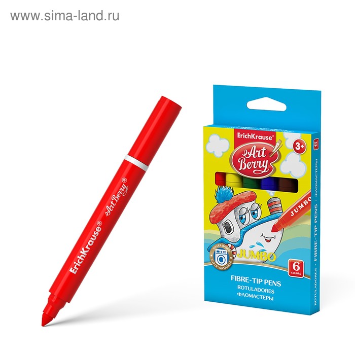 Фломастеры утолщённые 6 цветов, Artberry Jumbo, коробка с подвесом, узел с шириной письма 1-7 мм - Фото 1