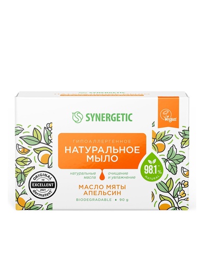 Натуральное туалетное мыло Synergetic «Масло мяты и апельсин», гипоаллергенное, 90 г