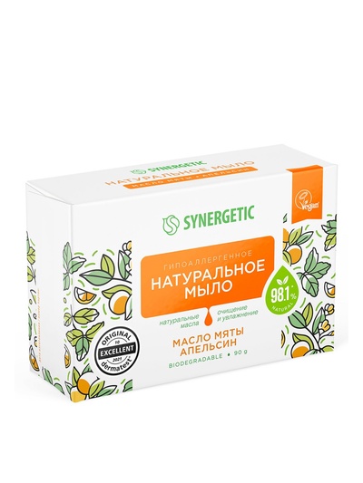 Натуральное туалетное мыло Synergetic «Масло мяты и апельсин», гипоаллергенное, 90 г