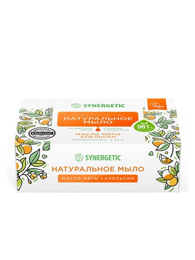 Натуральное туалетное мыло Synergetic «Масло мяты и апельсин», гипоаллергенное, 90 г
