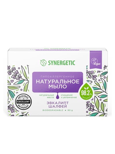 Натуральное туалетное мыло Synergetic «Эвкалипт и шалфей», гипоаллергенное, 90 г