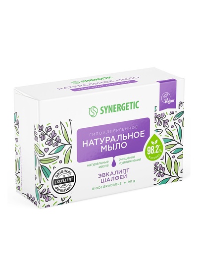 Натуральное туалетное мыло Synergetic «Эвкалипт и шалфей», гипоаллергенное, 90 г