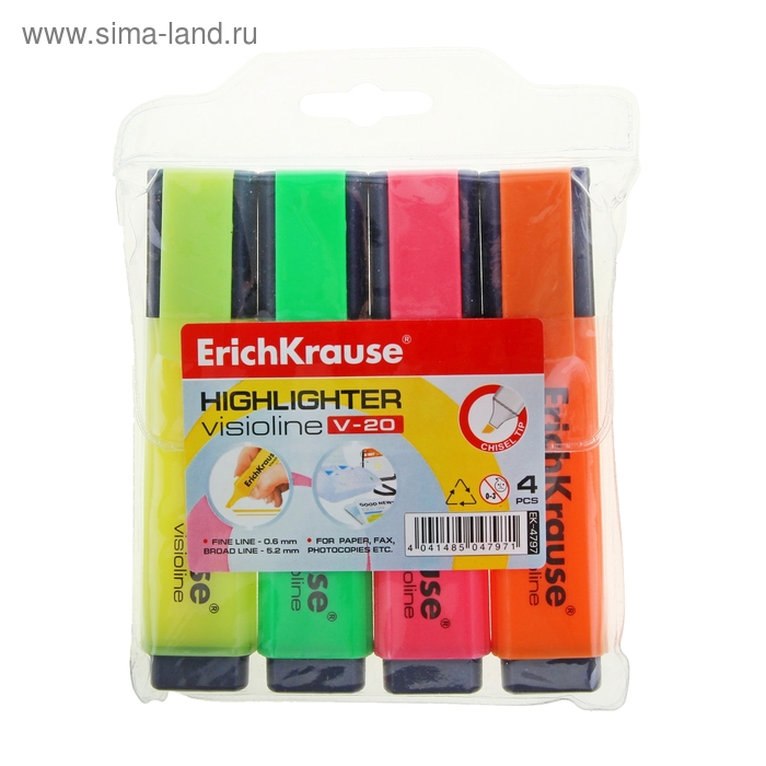 Набор маркеров текстовыделителей 4 цвета 0.6-5.2 мм Erich Krause V-20, цвет чернил: желтый, зеленый, розовый, голубой - Фото 1