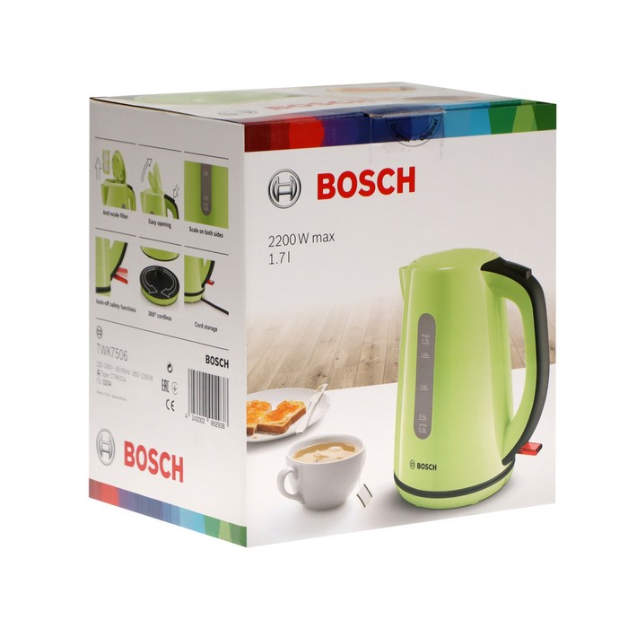 Чайник электрический Bosch TWK7506, пластик, 1.7 л, 2200 Вт, зелёный - фото 51339038