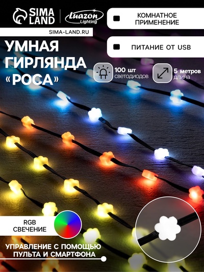Умная гирлянда «Нить» 5 м, роса с насадками «Цветочки», IP20, тёмная нить, 100 LED, пульт ДУ, приложение, свечение RGB, USB